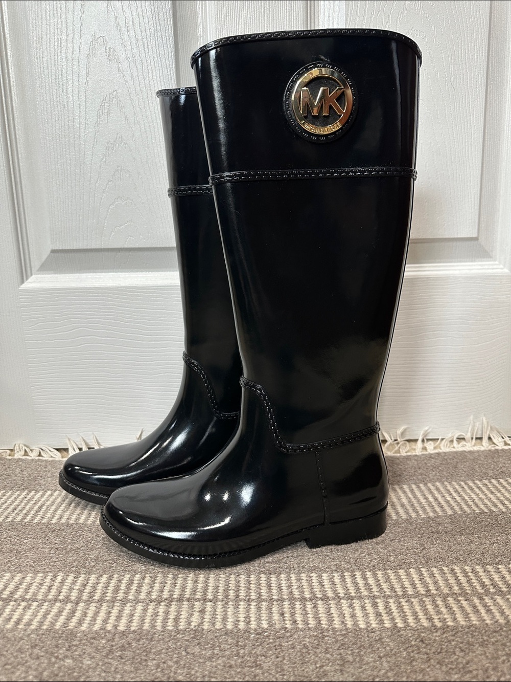 Michael Kors Black Tall Rain Boots with Gold MK Emblem
